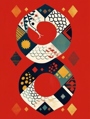 Obraz premium Creative abstract marketing background for the Year of the Snake 2025, featuring a cute serpentine design in a minimalist style with vibrant red and pink lines on a white background. This AI-generate
