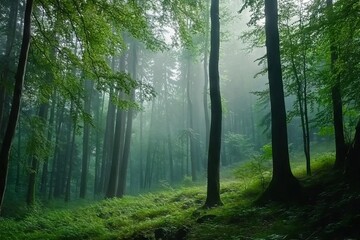 Obraz premium Mystical forest with tall trees in foggy weather. AI generated illustration