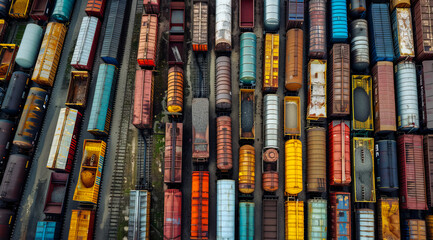 Fototapeta premium A freight train loaded with containers. Theme of logistics and cargo along railway lines.