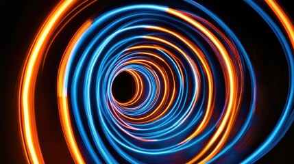 Fototapeta premium A neon light tunnel with alternating curved lines of orange and blue, creating depth on a dark background