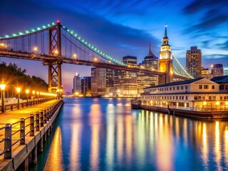 Fototapeta premium San Francisco Embarcadero Night Bokeh, Cityscape Photography, Golden Gate Bridge Lights, Bay Area, Waterfront, Blurred Background, Urban Landscape, Romantic Atmosphere