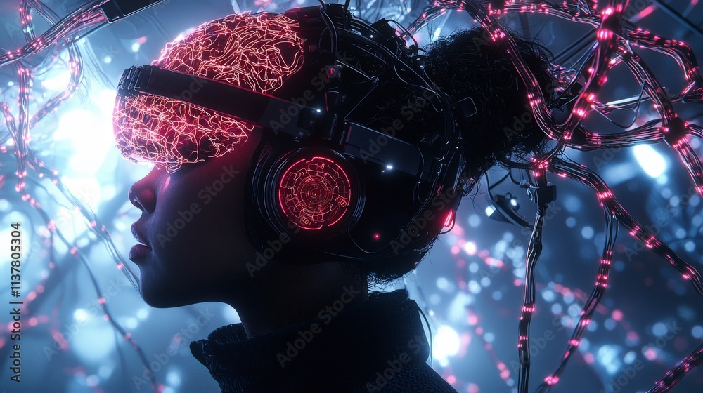 Poster neurotechnology advancements exploring brain interfaces in futuristic digital landscapes