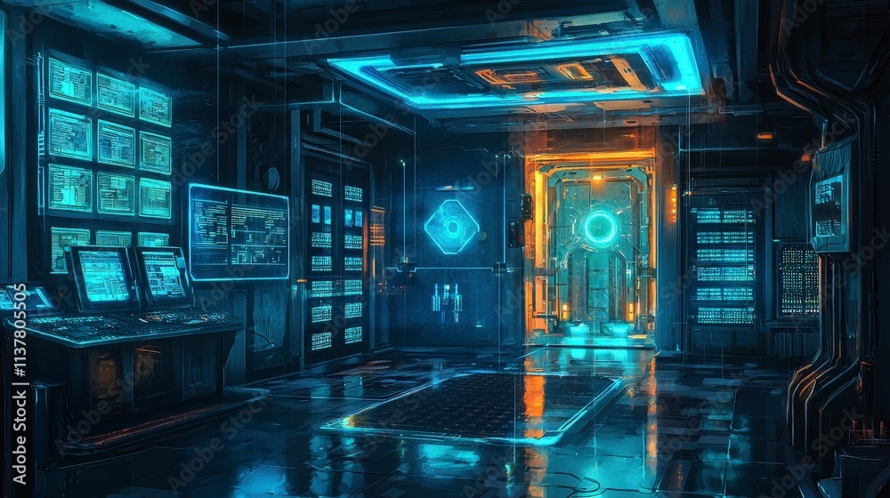 Poster Cyber resilience visualization in a futuristic control room digital environment high-tech concept immersive view