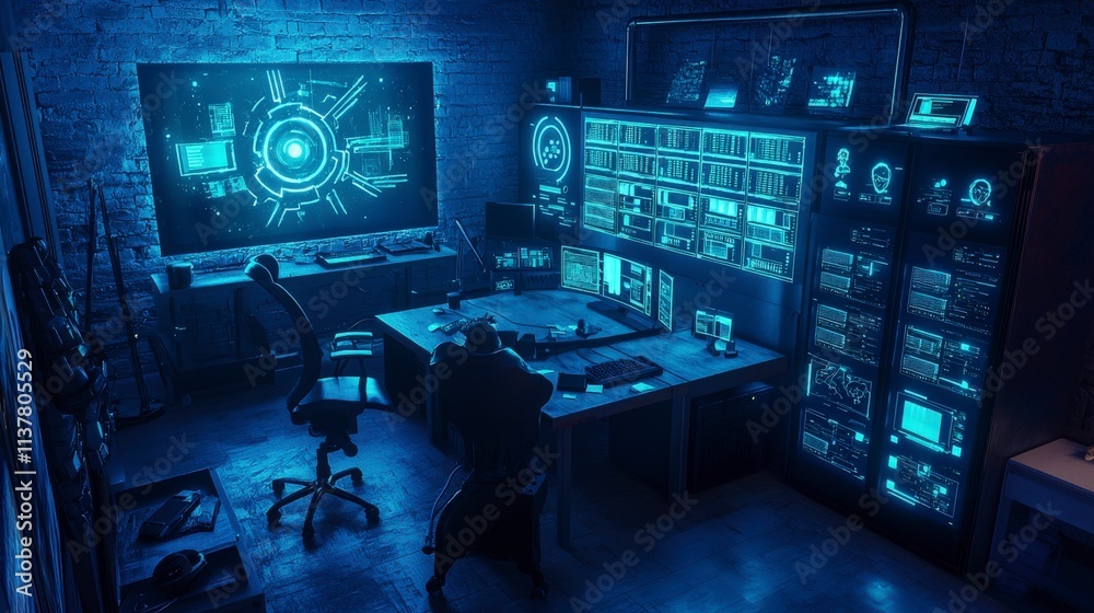 Aufkleber Cyber resilience workshop tech lab conceptual visualization dark environment aerial view data protection strategies