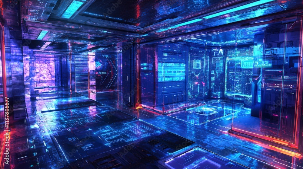 Poster Futuristic cyber resilience visualization of a high-tech 3d data center environment