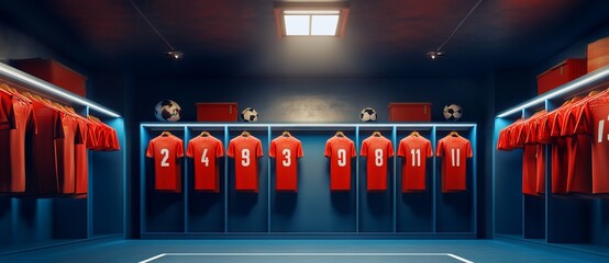 Hyper-Realistic 3D Render of Football Team Locker Room with Red Uniforms. AI generated illustration