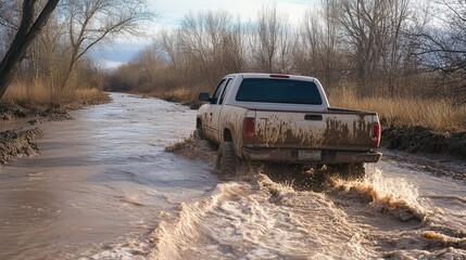 Fototapeta premium A pick-up truck roading through a muddy river, with large tires creating deep tracks in the terrain