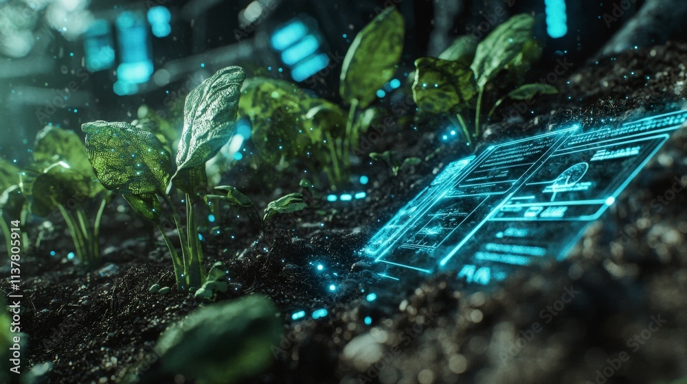 Poster futuristic soil conservation techniques urban farm digital visual high-tech environment close-up sus
