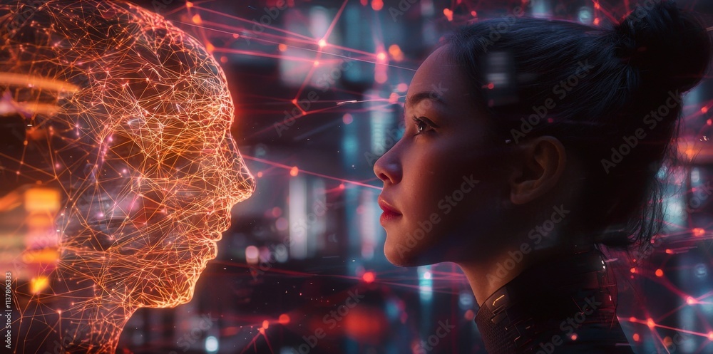 Poster Exploring human-machine interaction in a futuristic environment digital art close-up abstract concepts