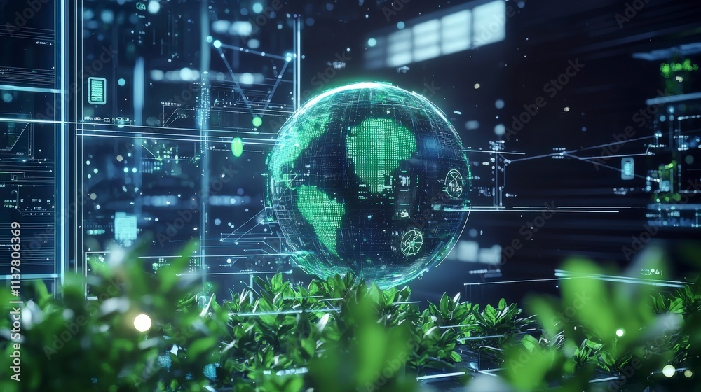 Poster sustainable future concepts digital environment graphic illustration urban setting high-tech perspec