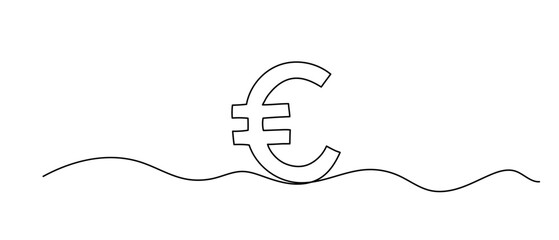 Euro sign one continuous line illustration. Hand drawn doodle drawing of finance on white background