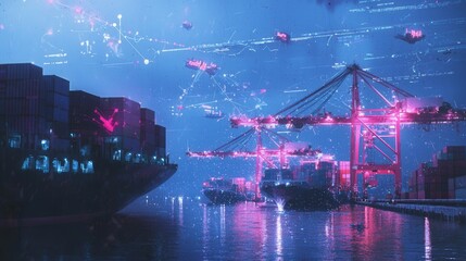 Fototapeta premium Dynamic representation of global trade container port digital art futuristic setting aerial perspective trade concepts