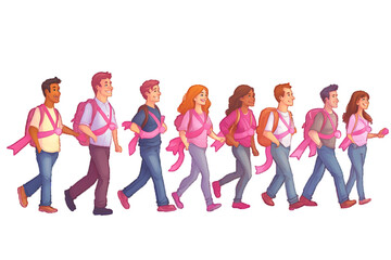 Fototapeta premium Cartoon illustration of Group of people walking together for breast cancer awareness wearing pink ribbons, white or transparent background