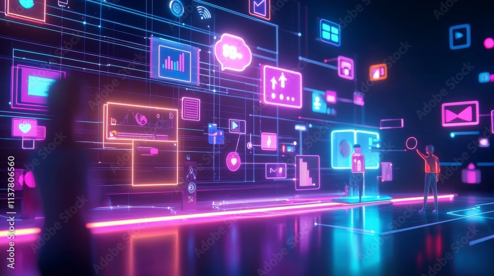 Poster visualizing social media marketing strategies futuristic neon infographic design in a dynamic digita