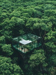 A glass-walled villa nestled in a dense forest, blending seamlessly with the natural environment.