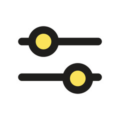A minimalist graphic design showing two yellow circles positioned on parallel black lines, possibly representing a slider or control.