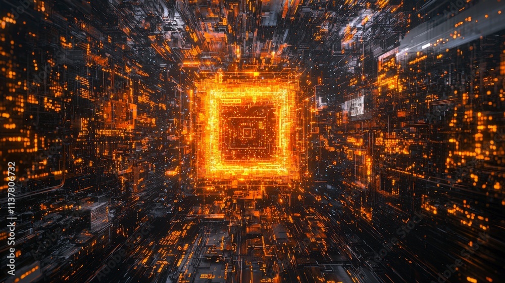 Poster Quantum chip processing data stream in a futuristic environment visual technology artwork abstract perspective