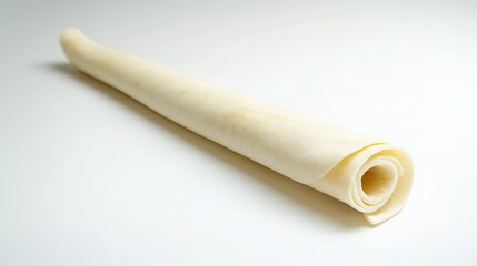 Fototapeta premium A rolled-up flour tortilla positioned diagonally on a white background, displaying its flexibility and smooth surface.
