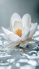 A pure white magnolia flower drifting on a stream, captured in close-up, with water droplets...