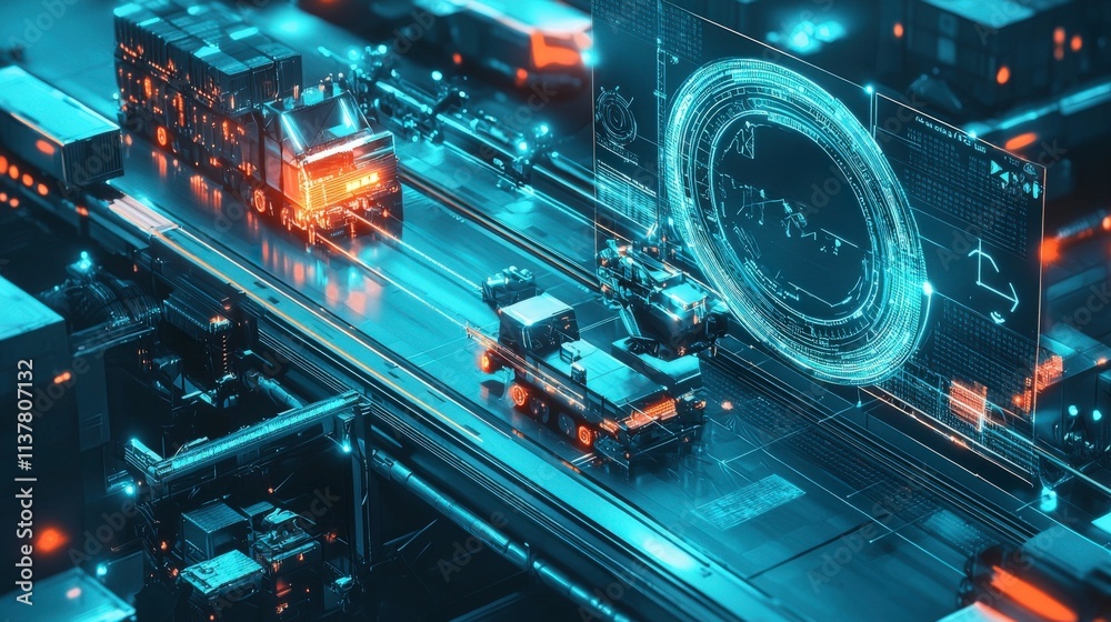 Poster revolutionizing predictive maintenance in logistics urban setting digital art futuristic environment