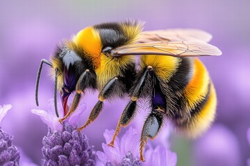 Spring bee collecting nectar from vibrant purple flowers in a blooming garden landscape