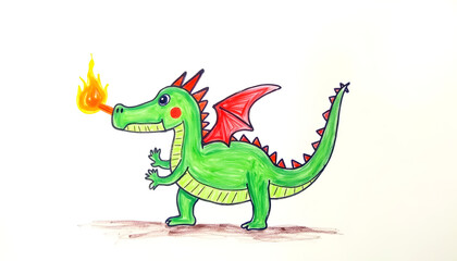 Obraz premium Green dragon standing on two legs and spewing fire, naive children's drawing with colored crayons on white paper. 