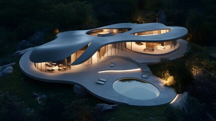 A futuristic home with asymmetrical design, curved walls, and an integrated LED lighting system. 