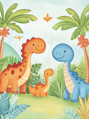 Adorable dinosaurs in a lush green forest, bright and cheerful colors, suitable for childrens posters, educational content, or nature-themed campaigns..