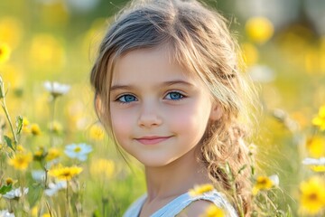 Fototapeta premium Girl with blue eyes smiling in a field of wildflowers during a sunny day