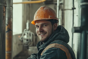 Smiling construction worker with tools in modern workspace surrounded by pipes