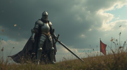 Naklejka premium Medieval Knight in Full Plate Armor with Massive Sword
