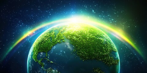 Fototapeta premium Creative abstract advertising background for Earth Day and Arbor Day, featuring a vibrant green theme that embodies the spirit of environmental protection. The illustration showcases a whimsical Eart