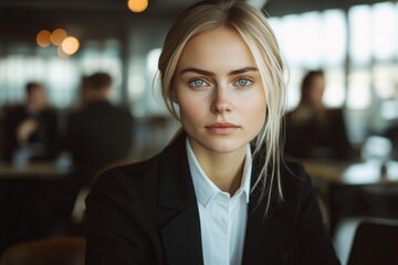 Naklejka premium Stern blonde professional in black jacket engages in conference room meeting with colleagues