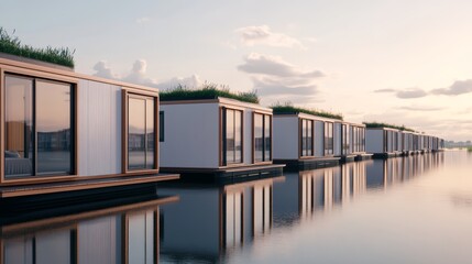 Fototapeta premium Serene waterfront community, a row of picturesque floating houses on calm waters embracing tranquil living