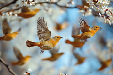 Colorful birds flitting among blossoming flowers in springtime sunlight