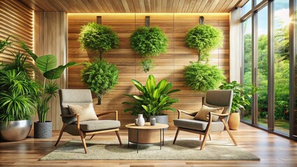 Obraz premium Serene Modern Interior Design: Panoramic Wooden Wall, Plants, Two Chairs
