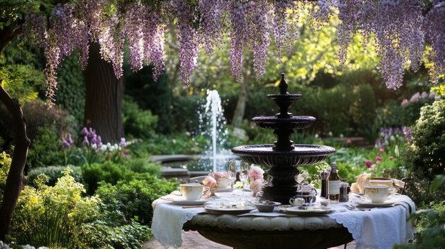 An inviting garden tea party with delicate table settings under colorful wisteria blooms, and a serene fountain completing the scene.