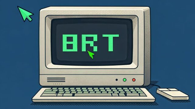 Retro Computer Screen A BRB banner styled like an oldschool computer interface with a green text cursor blinking beside the pixelated letters. The background imitates a classic CRT
