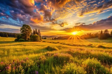 Serene Sunset Landscape Photography: Golden Hour Meadow, Peaceful Nature Scene, Artistic Background Image