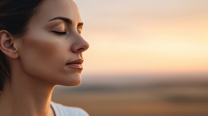 A serene profile of a woman with closed eyes, enjoying tranquility against a soft sunset background, embodying peace and mindfulness.