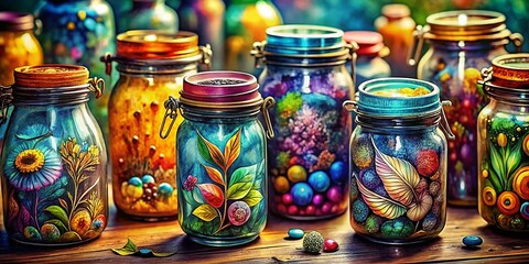 Set of Watercolor Cliparts Featuring Jars with Various Designs, Perfect for Creative Projects, Scrapbooking, and Artistic Endeavors in a Beautifully Illustrated Style