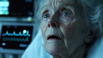 Elderly woman in hospital bed, looking up with a worried expression.