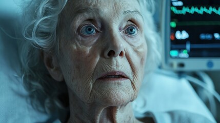 Close-up of elderly woman in hospital bed, looking concerned.