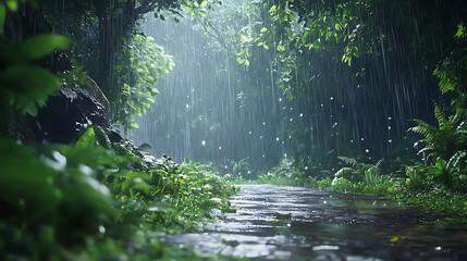 Fototapeta premium A forest path is covered in rain, with trees and plants surrounding the path