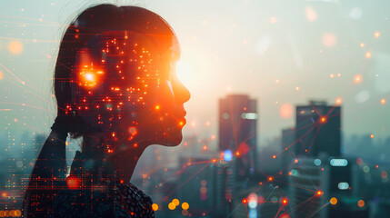 Obraz premium A human figure with AI interface overlay, displaying glowing neural networks and data flow charts, symbolizing AI in future technology.