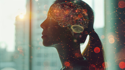 A human figure with AI interface overlay, displaying glowing neural networks and data flow charts, symbolizing AI in future technology.