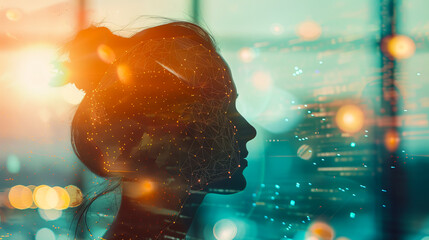 A human figure with AI interface overlay, displaying glowing neural networks and data flow charts, symbolizing AI in future technology.