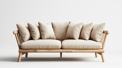 Fototapeta premium a wooden sofa with cushions - minimalist furniture design