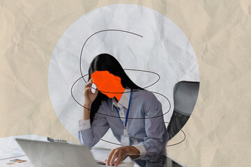 Business Stress Collage Overwhelmed Professional in Modern Office Setting with Abstract Artistic...