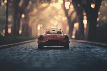 Classic sports car parked in a serene tree-lined street during golden hour